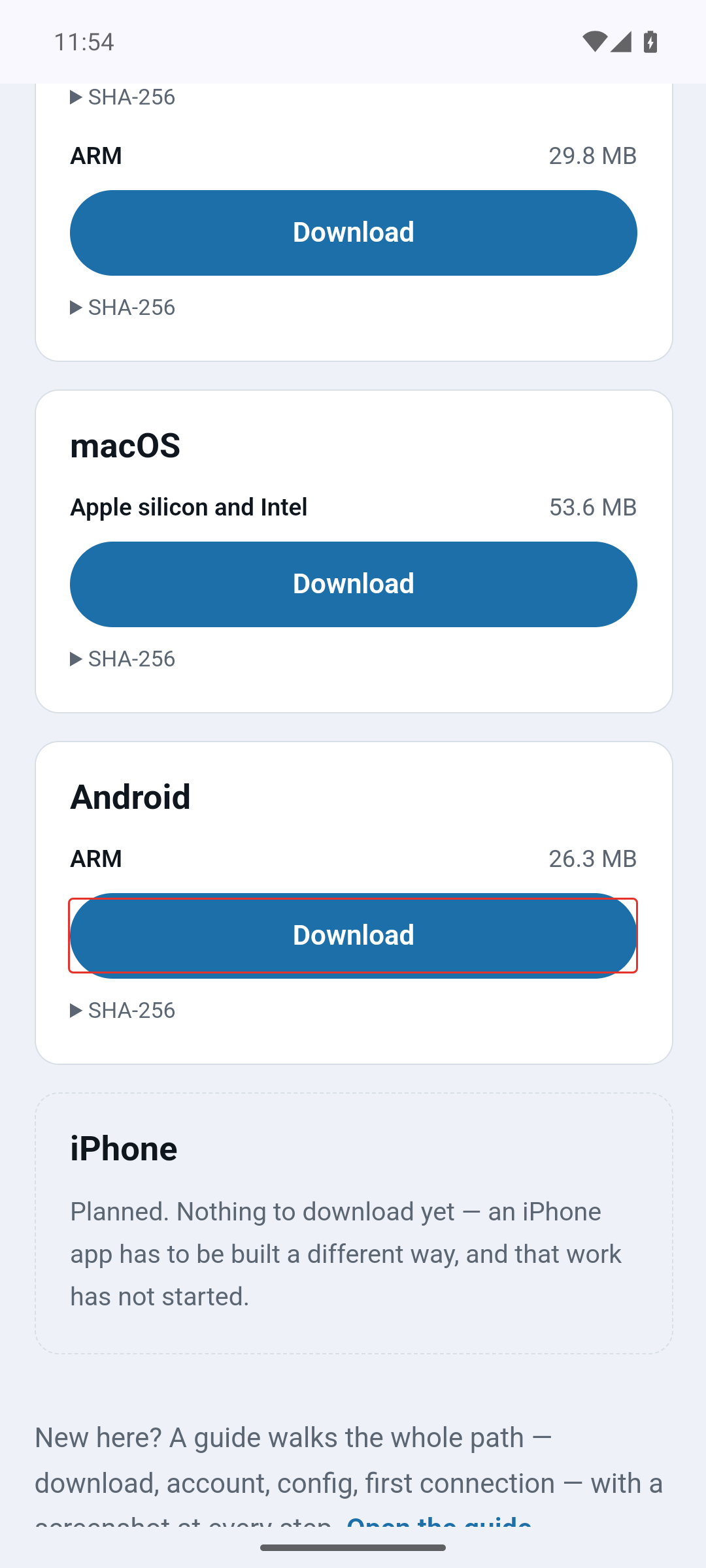 Stránka stahování na telefonu, s tlačítkem na kartě Android