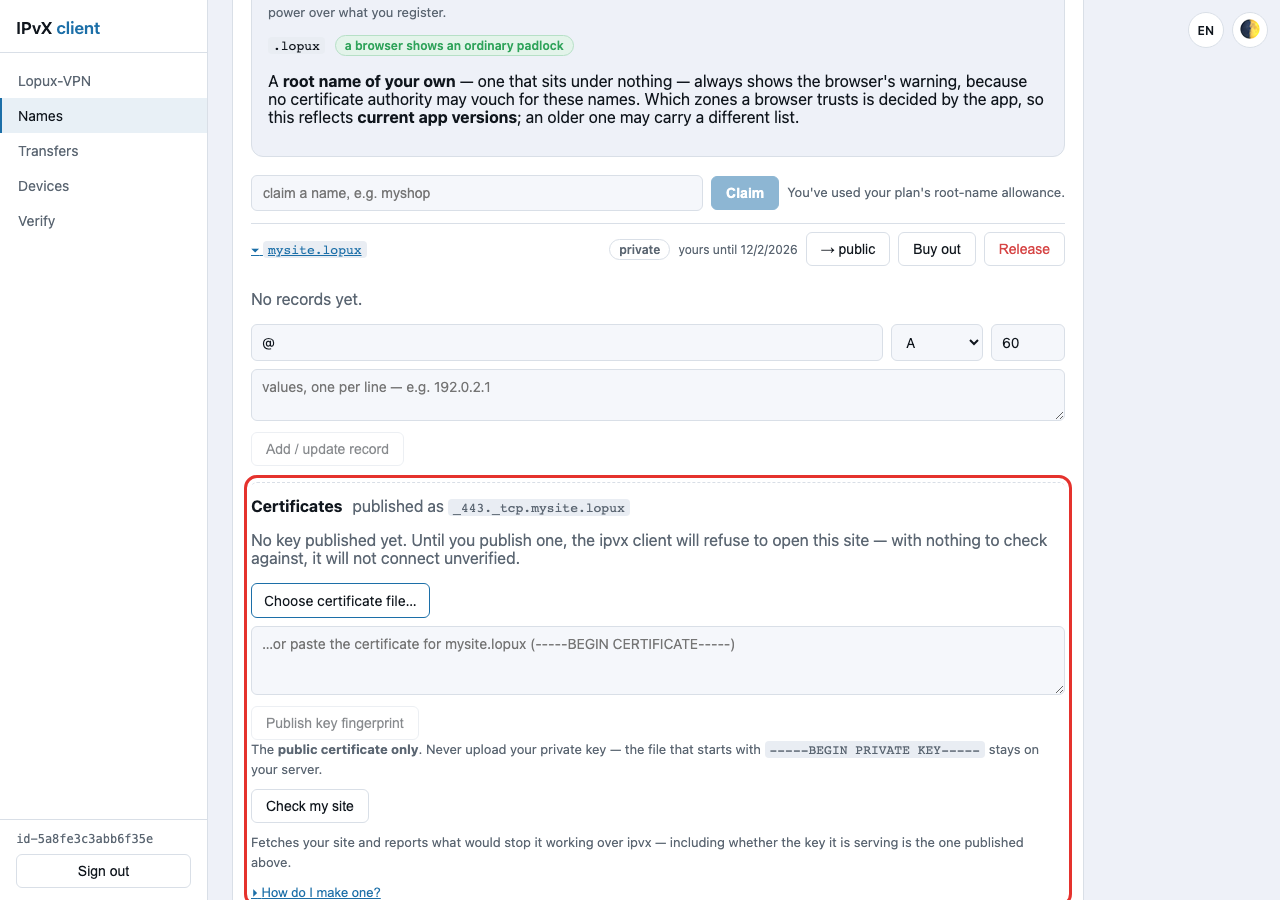 Sekce „Certifikáty", zatím bez zveřejnění