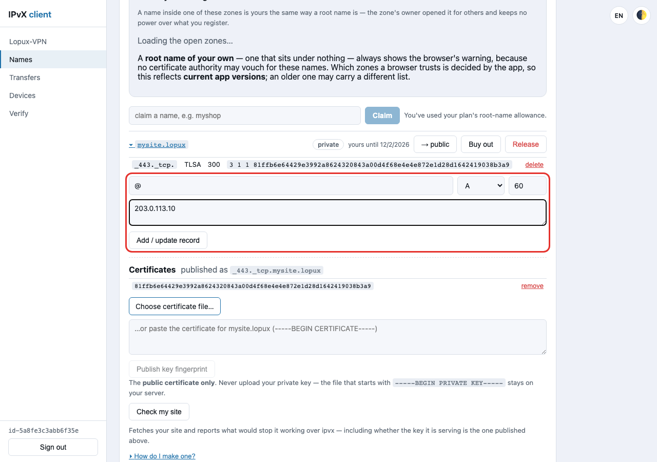 Formulář záznamu A s adresou serveru