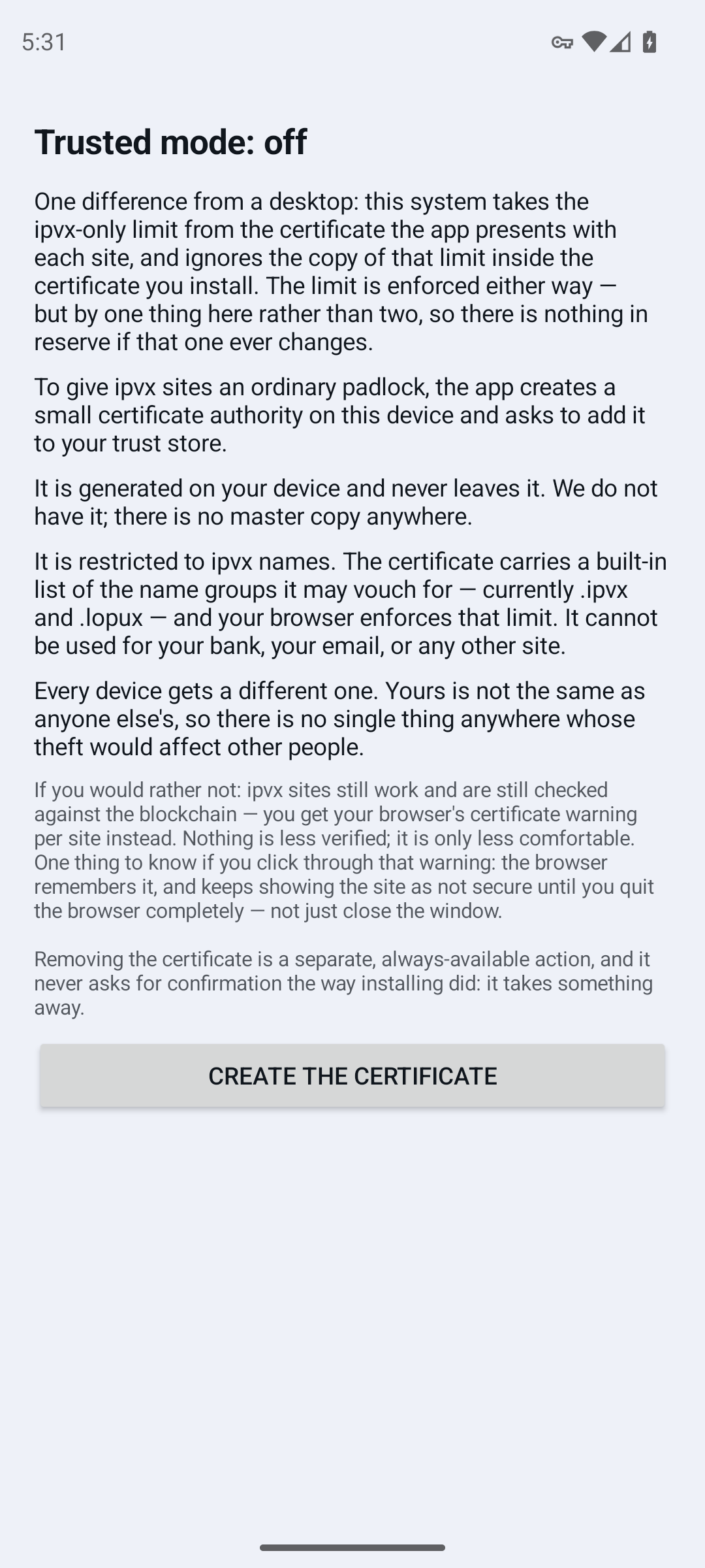 Text souhlasu na obrazovce certifikátu