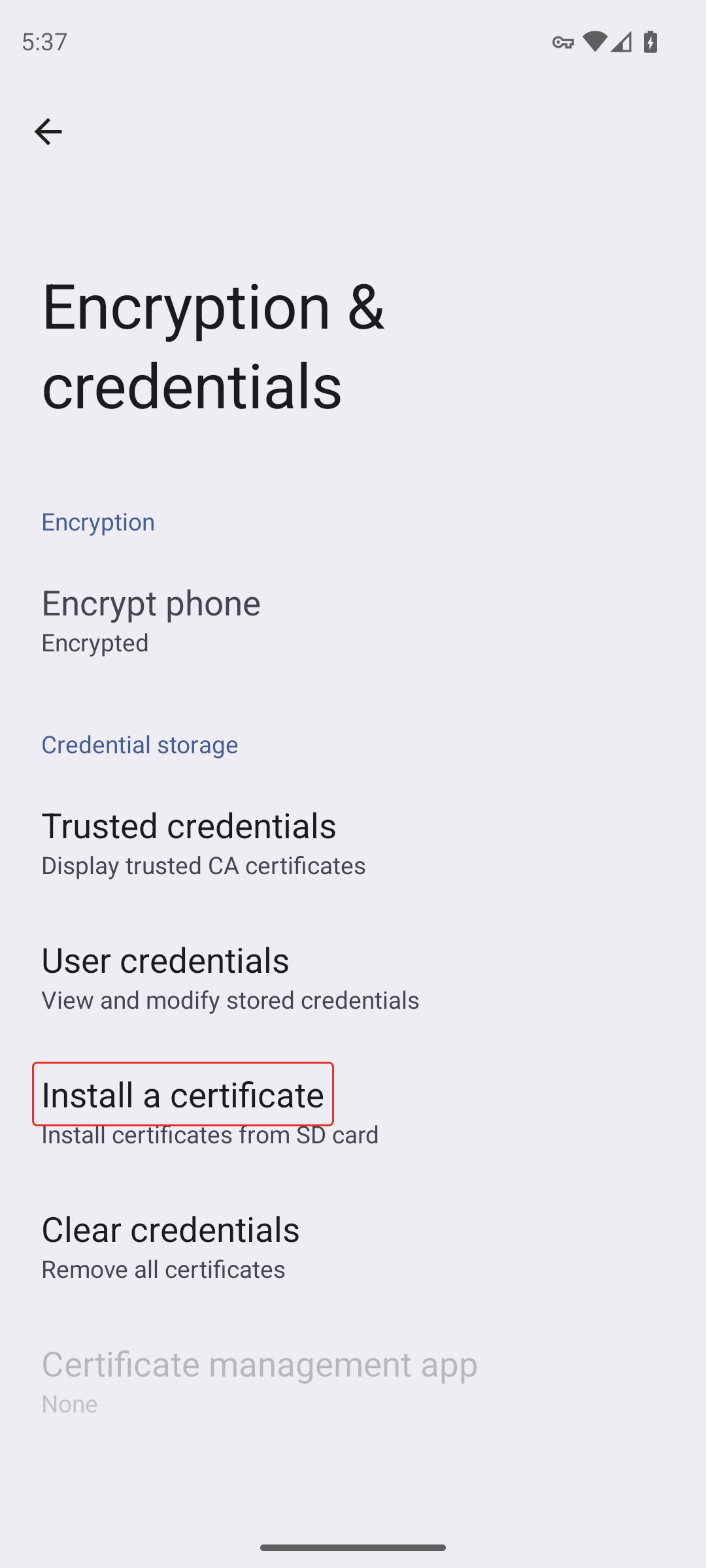 Položka pro instalaci certifikátu