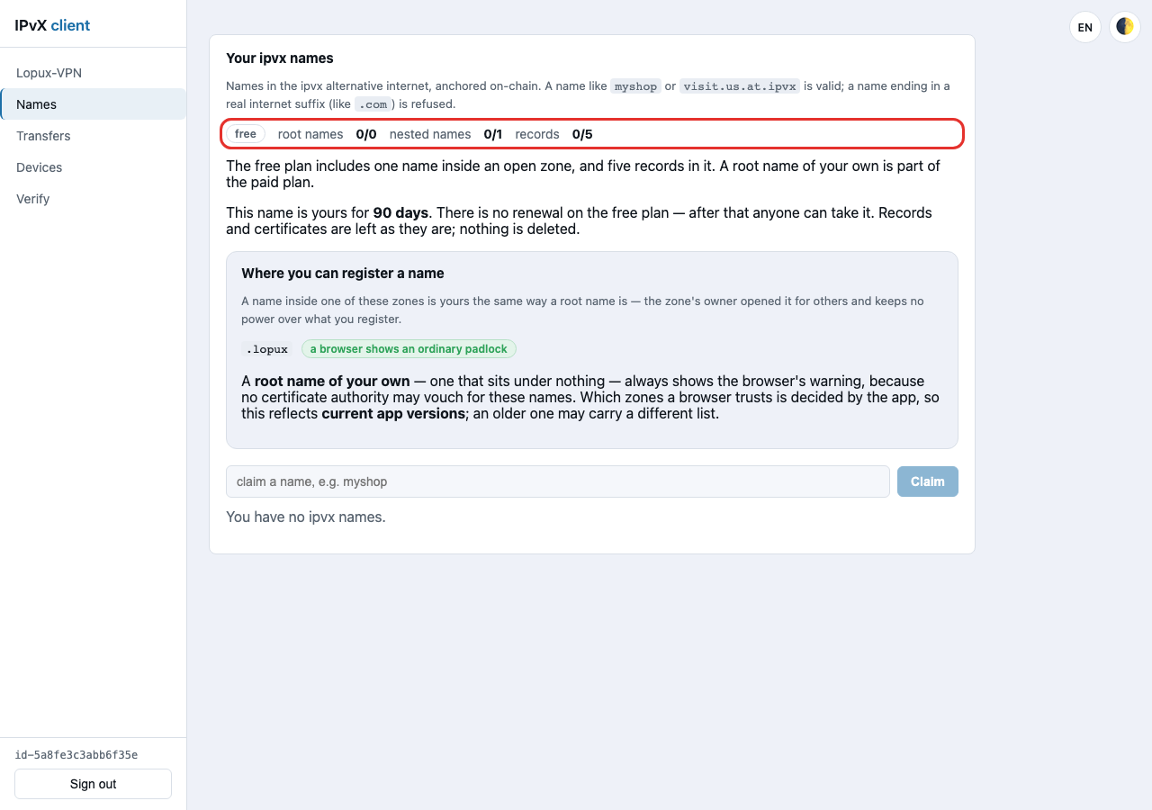 Řádek s limity: kořenová jména, vnořená jména, záznamy