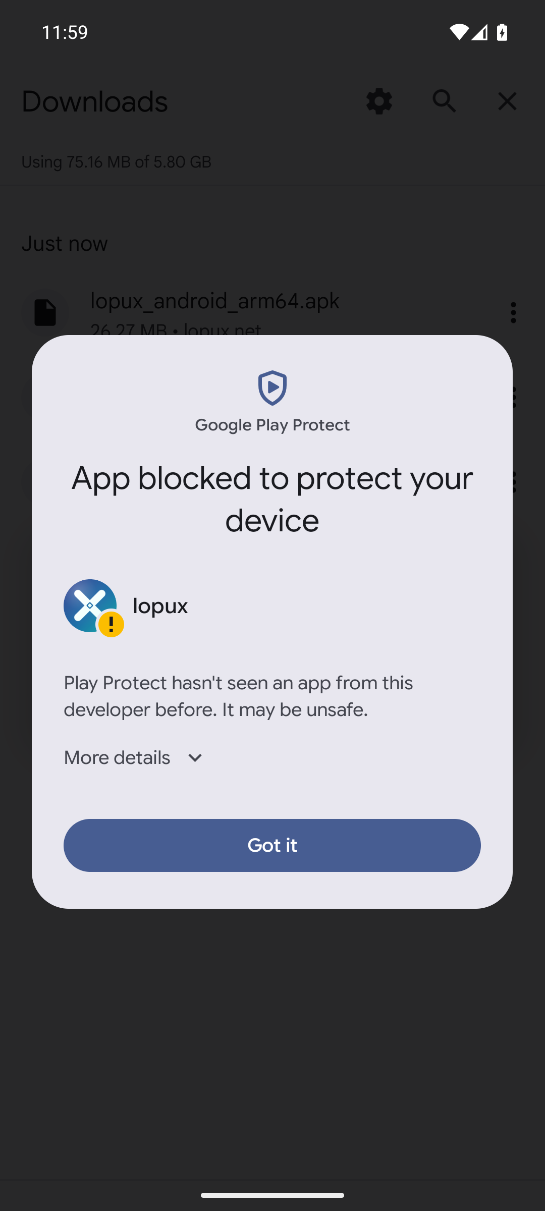 Play Protect blockiert die Installation
