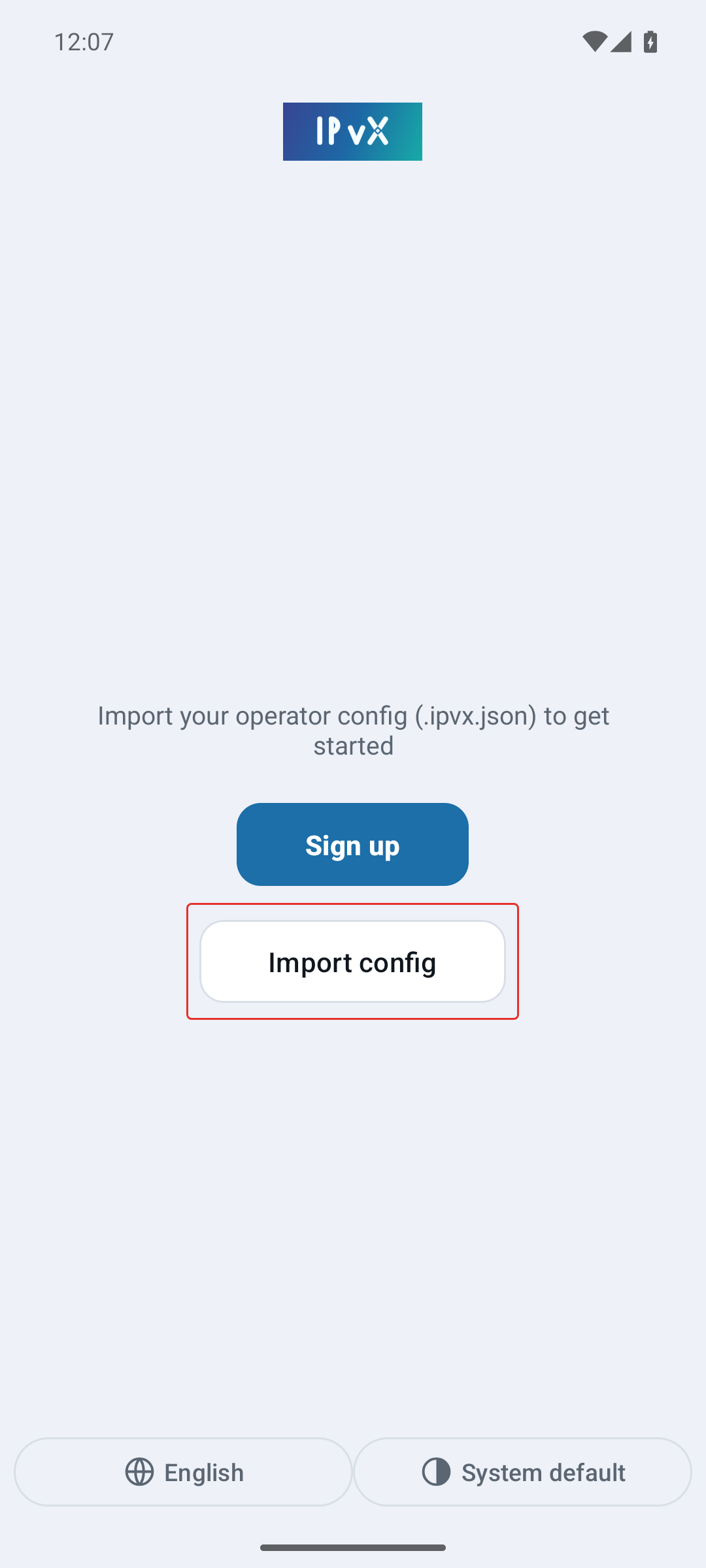 Der erste Bildschirm der App mit „Import config"