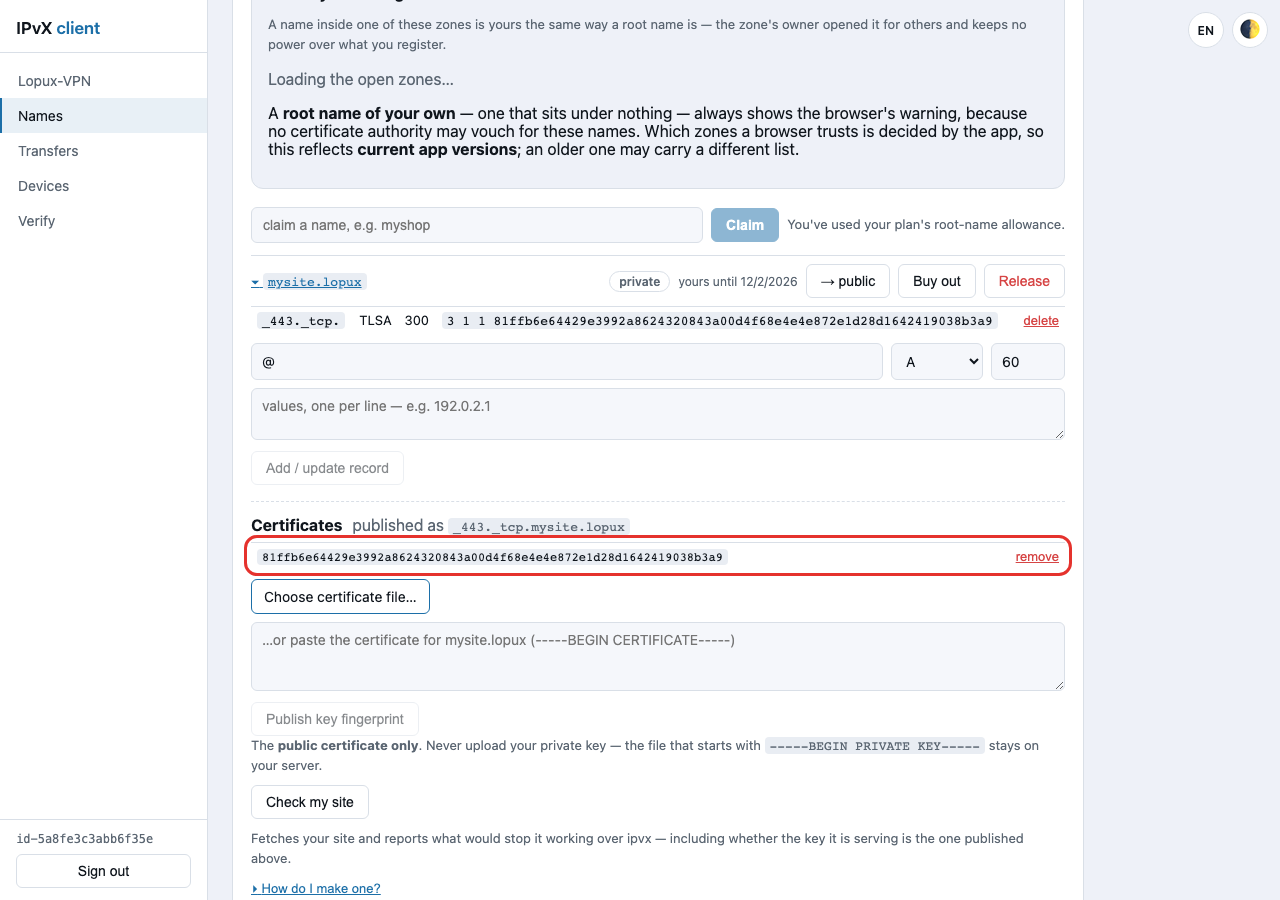 Der TLSA-Eintrag in der gewöhnlichen Eintragsliste