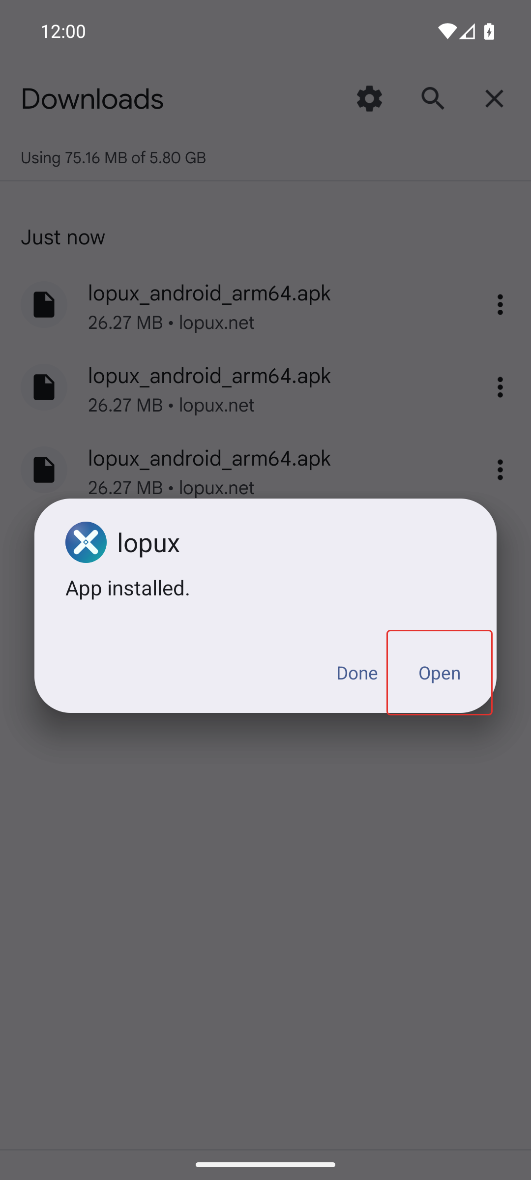 The app installed, with the Open button