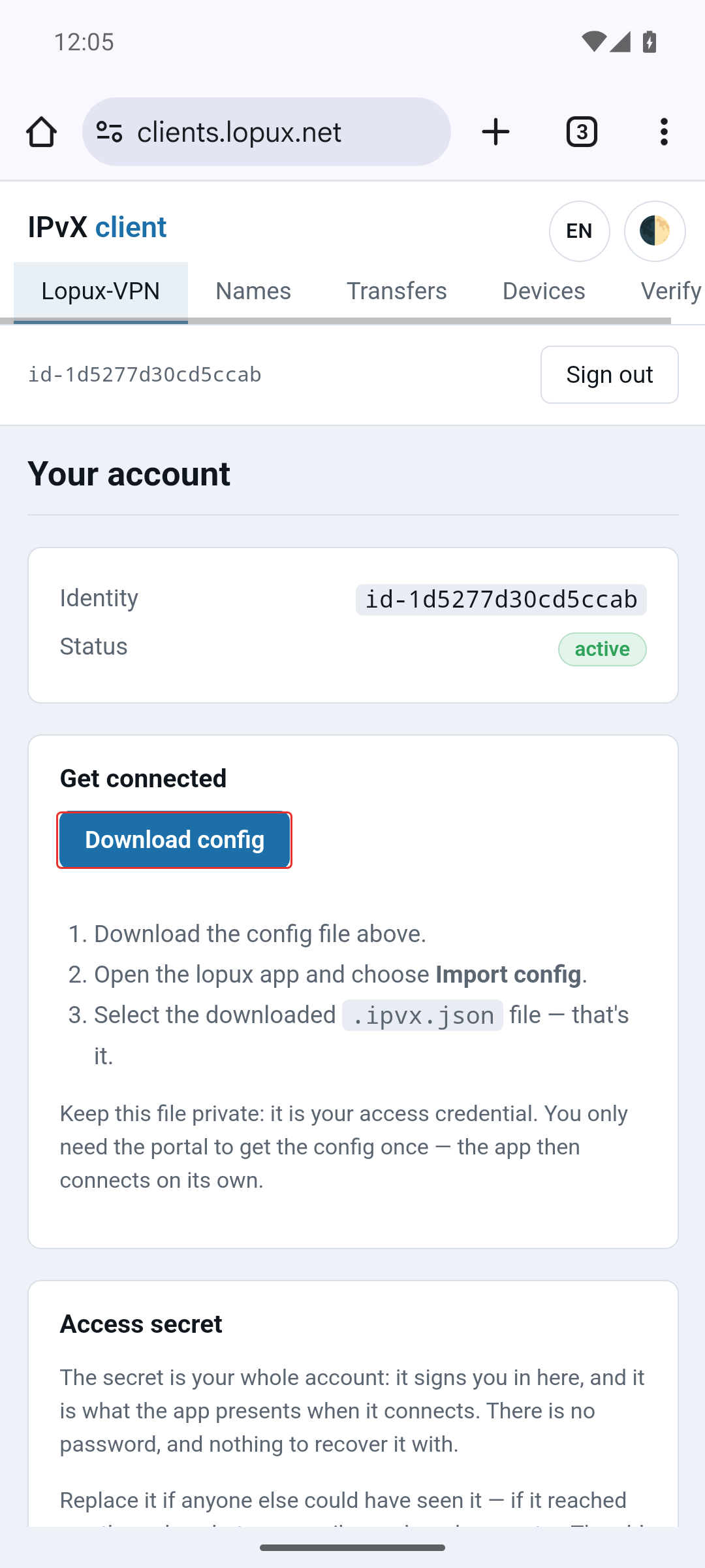 The account page with Download config