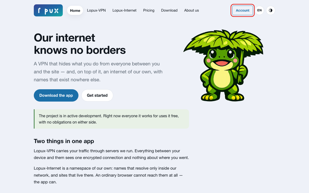 The Account button in the site's top-right corner