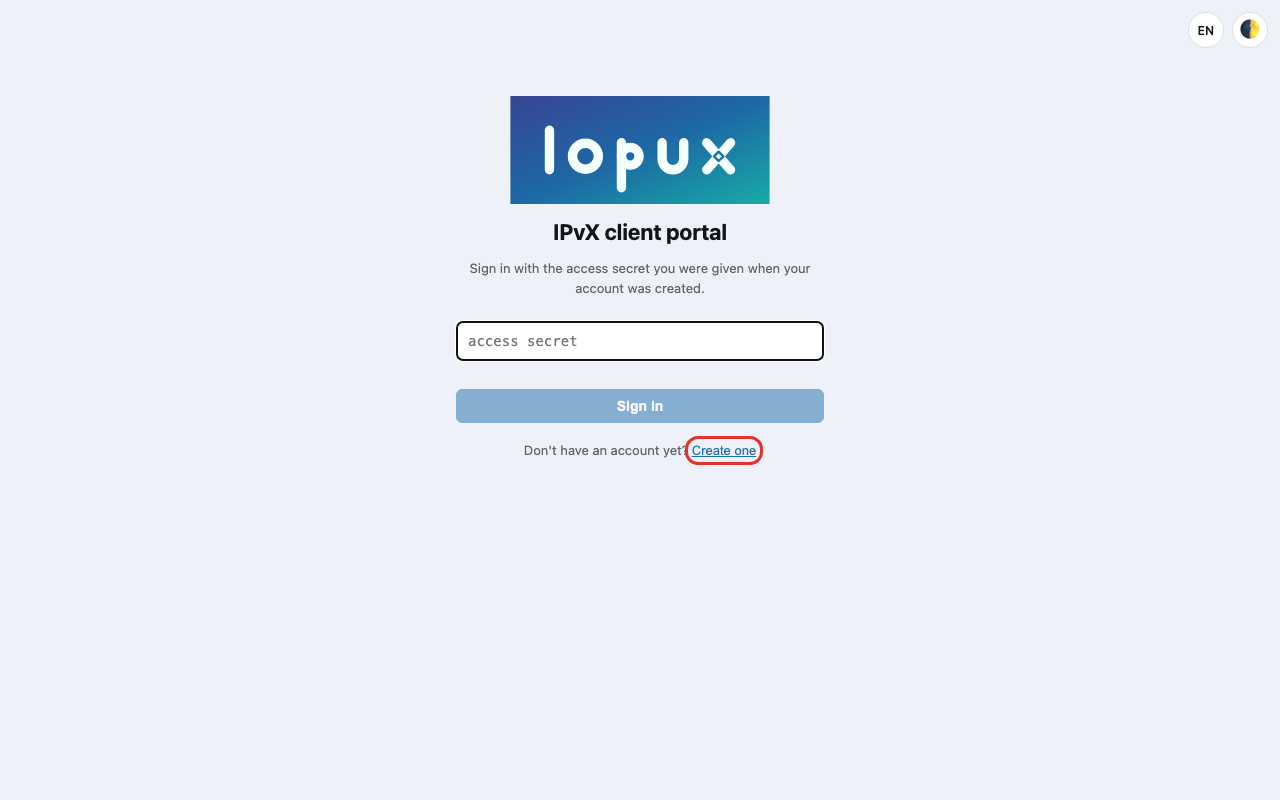 The portal's sign-in page with the Create one link