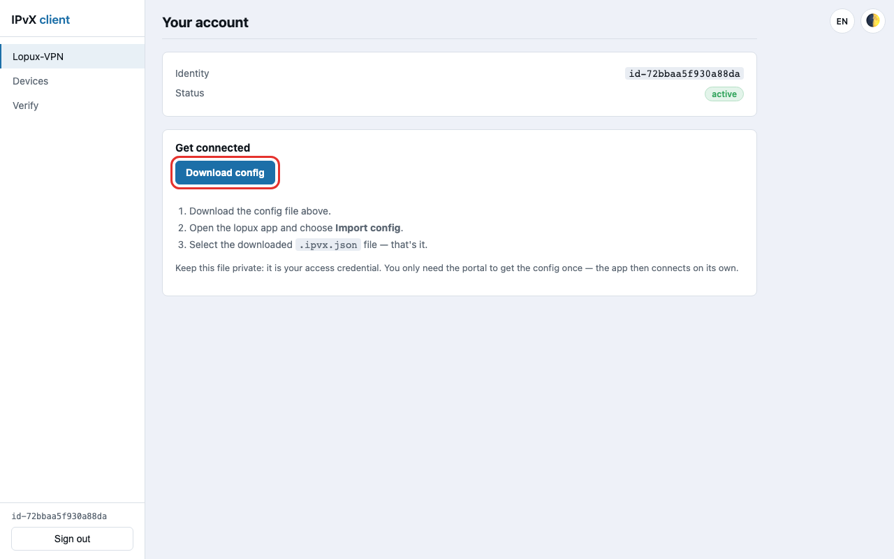 The account page with the Download config button