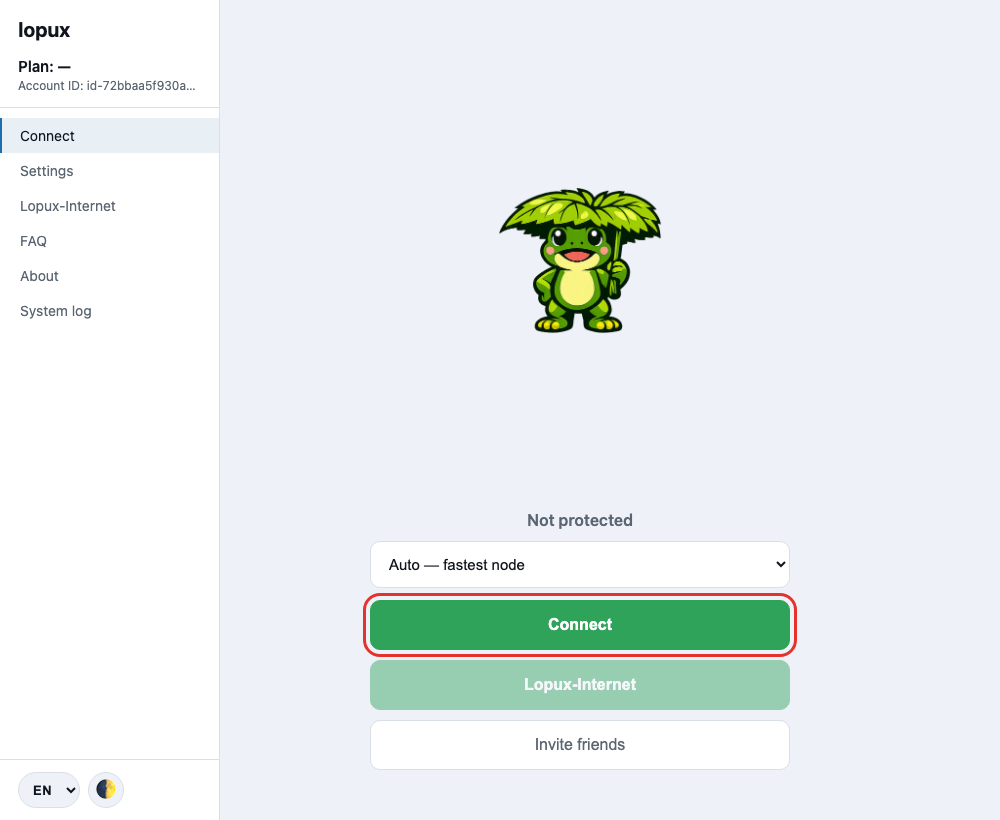 The app's connect screen after the import, with the Connect button