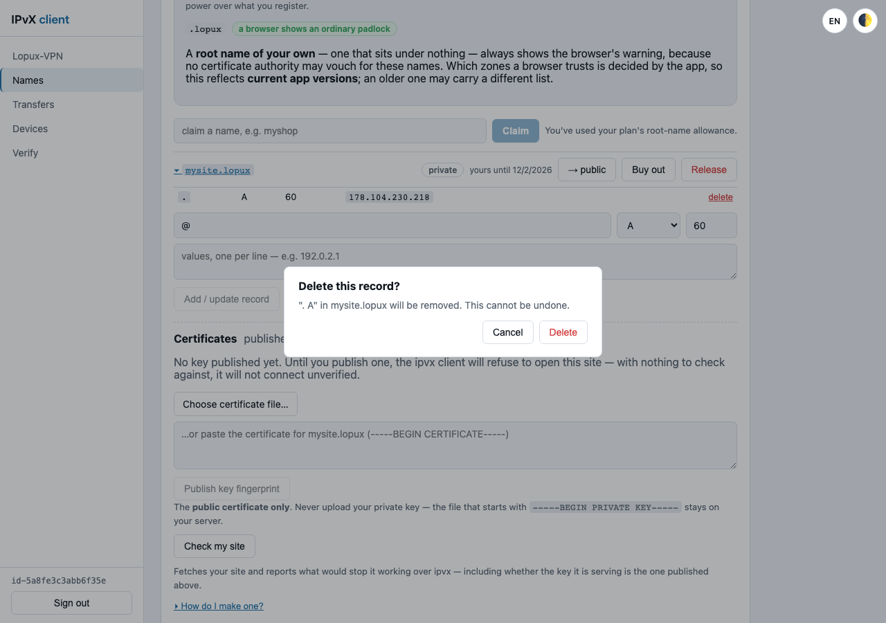 The confirmation dialog for deleting the record