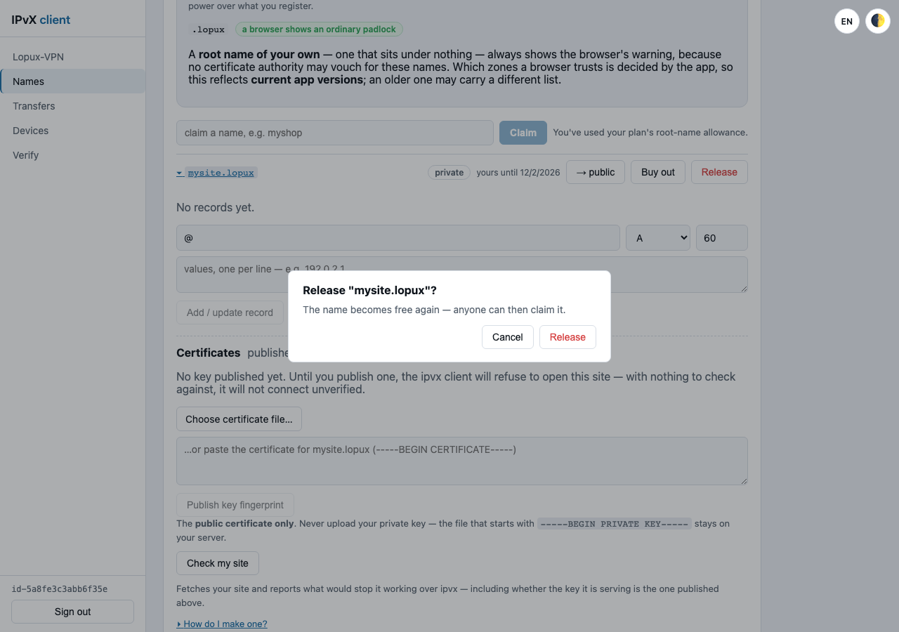 The confirmation dialog for releasing the name
