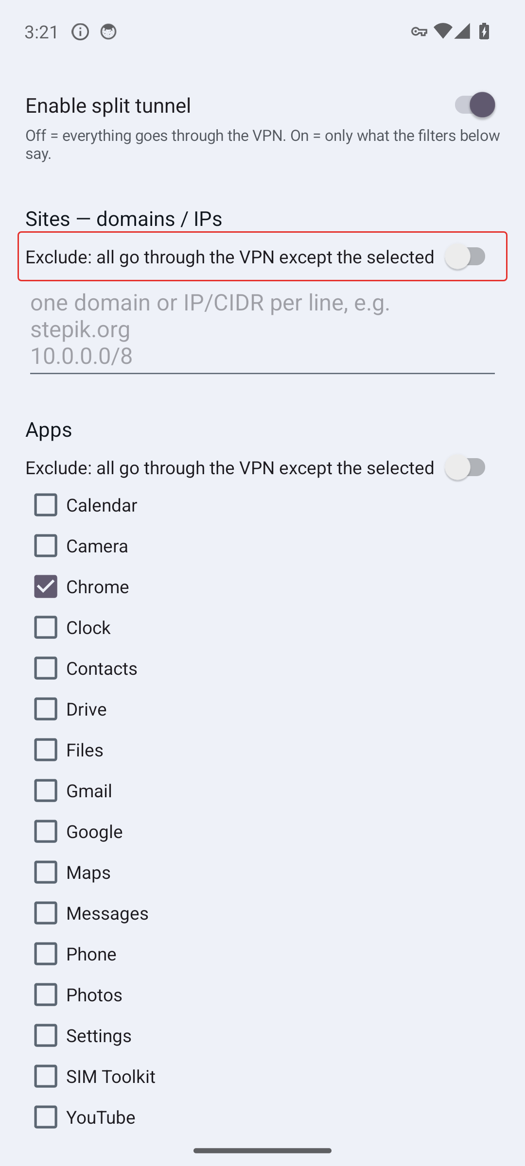 The Android split-tunnel screen