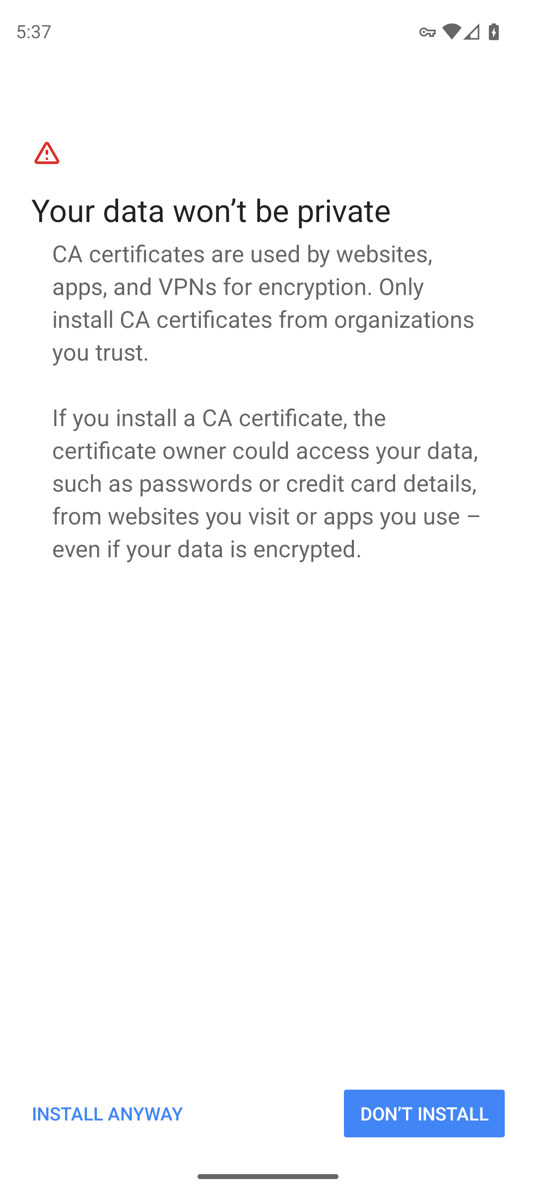 La advertencia de Android antes de instalar una autoridad de certificación