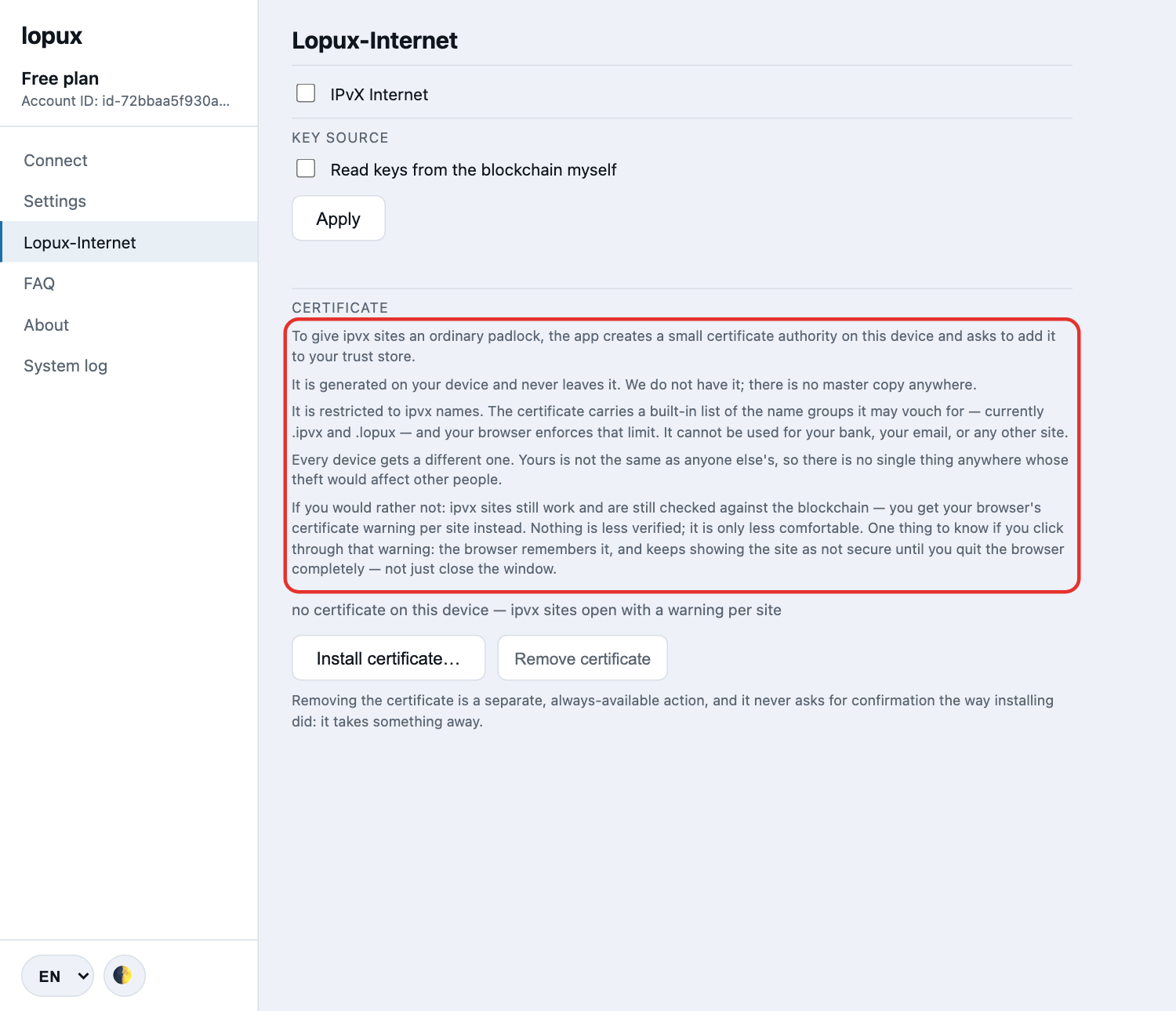 El texto de consentimiento en la sección Lopux-Internet