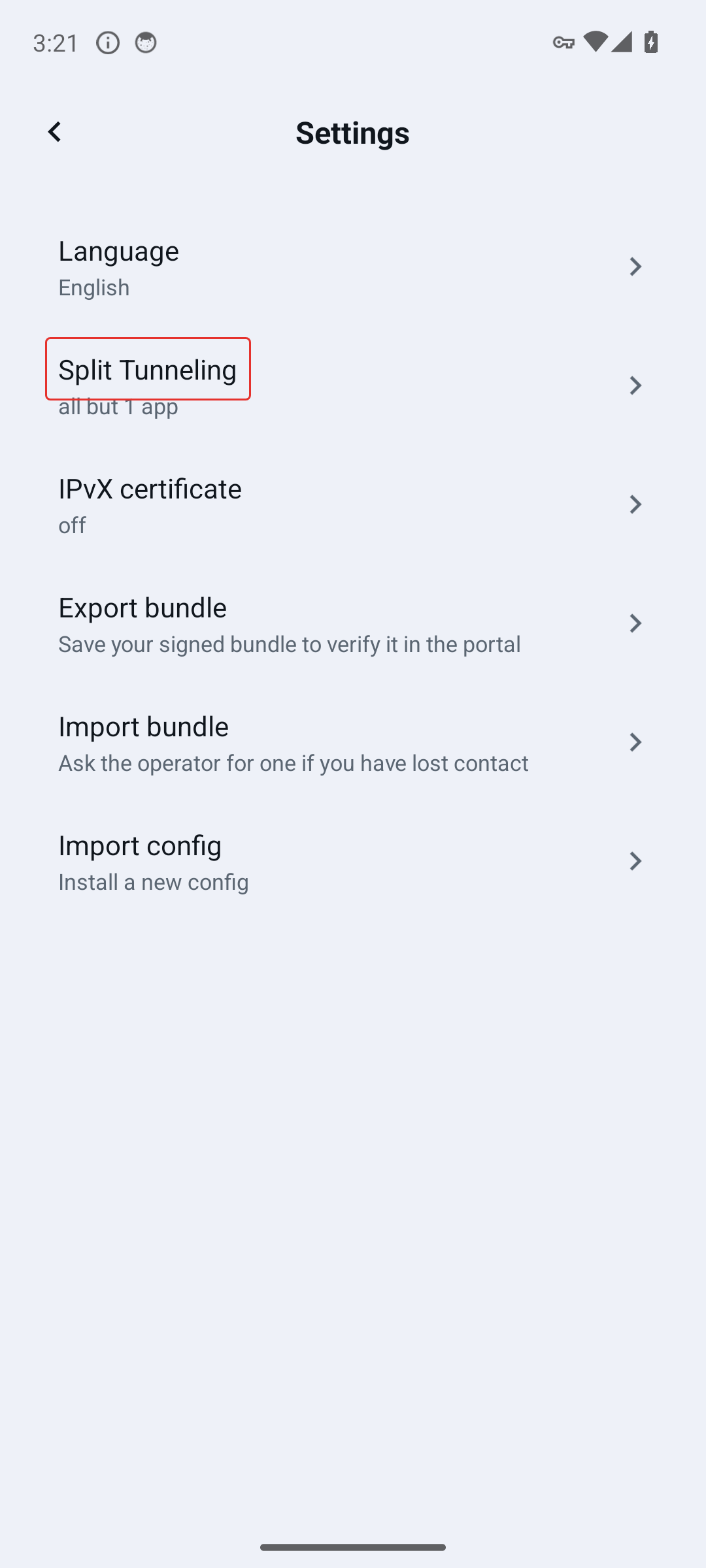 Los ajustes de Android con la entrada del túnel dividido