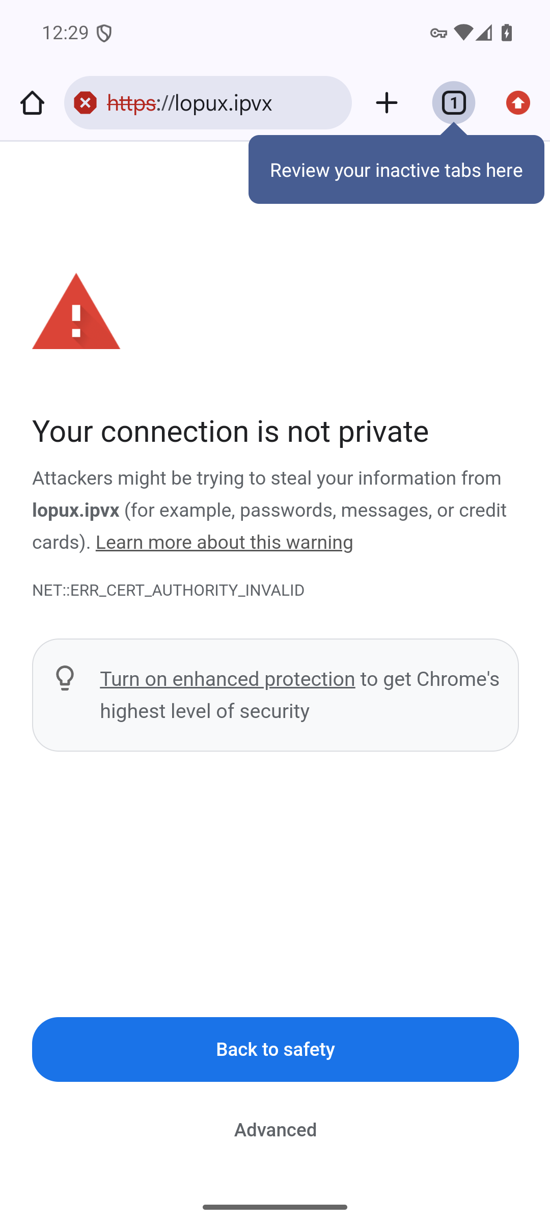 Предупреждение Chrome о сертификате